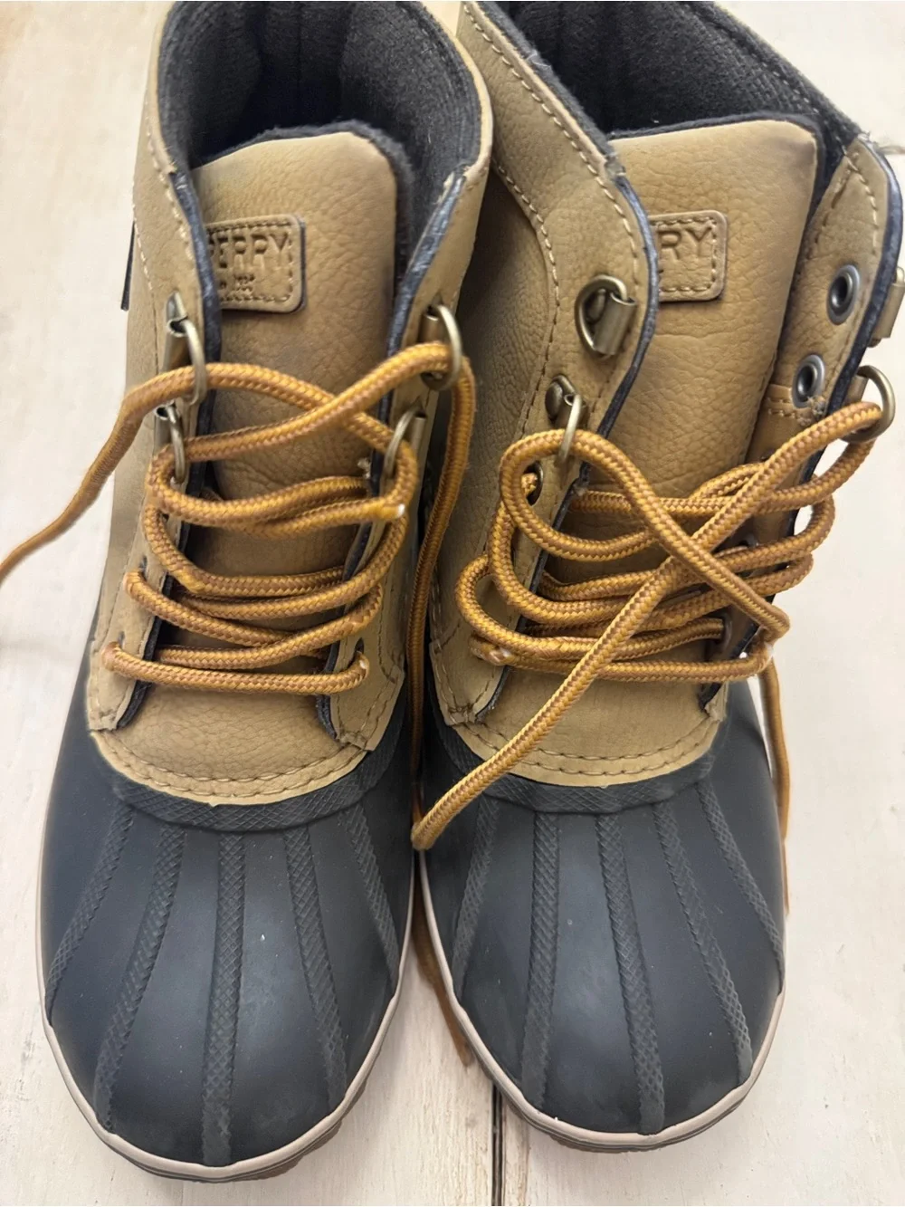 Sperry Kids Tan and Dark Gray Waterproof Duck Boots